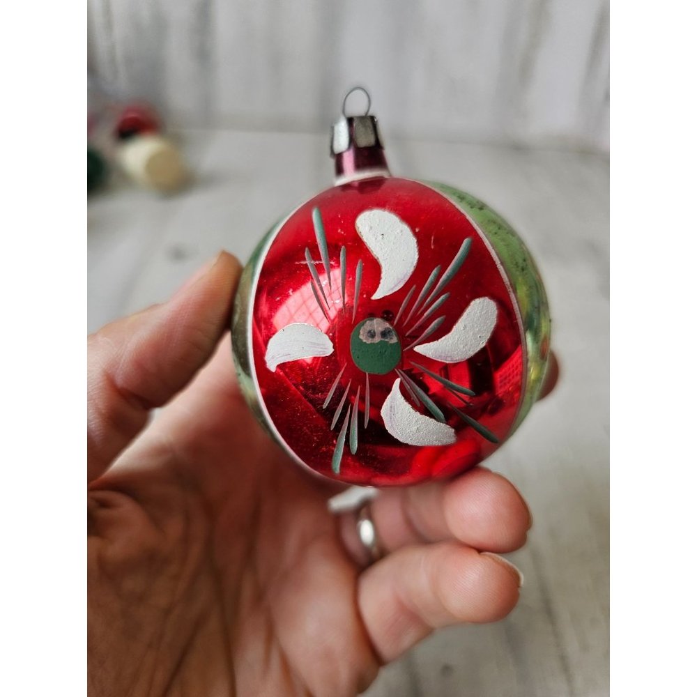 Vintage ball Mercury glass red green striped ornament Xmas‎ tree